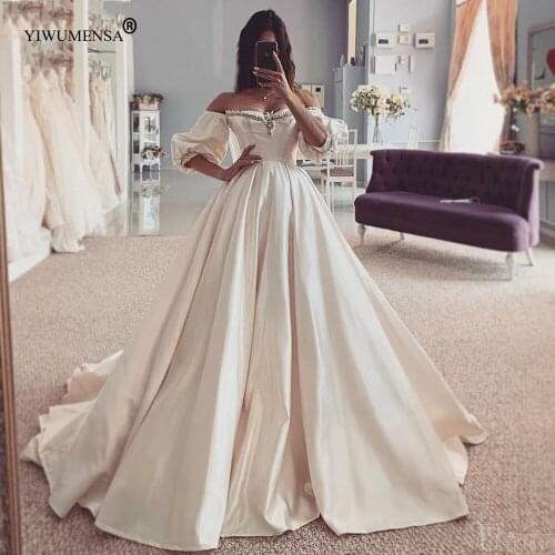 A72 Matte Satin Ivory Boho Wedding Dresses Crystals Beading Neck Off Shoulder Short Sleeves Bride Dress Vintage Party Gowns 2020