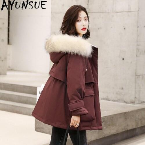 AYUNSUE Womens Jacket Winter 2020 Real Raccoon Dog Fur Collar Hooded Jackets Female White Duck Down Coats Long Parkas Casaco