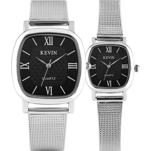 Roman Numerals Black Square Dial Couple Watches KEVIN Men Stainless Steel Watch Women Casual Wristwatch Pin Buckle Clock Gifts