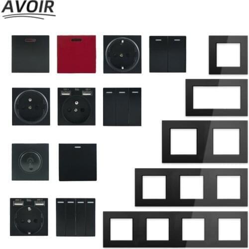 Avoir DIY Black Wall Light Switch Glass Panel Dimmer 1 2 3 4 Gang Button Switch And Electrical Outlet EU Socket Free Combination