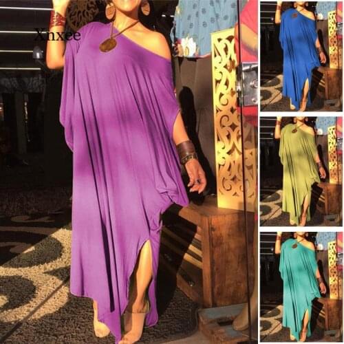 African Bohemia Long Dress Short Sleeve One Shoulder Loose Pure Color Simple Floor-Length Holiday Casual Dresses Beach Clothing