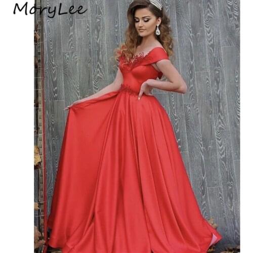 Elegant Evening Dresses V-Neck Off The Shoulder Floor Length Sweep Train Satin Evening Dresses vestidos de fiesta de noche