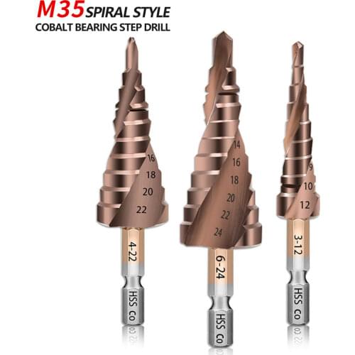M35 Hole Saw Spiral Grooved Step HSS Cobalt Titanium Drill Bits Hole Cutter 1/4" Hex Shank Metal Cone Drilling 3-12mm Set 4-22mm