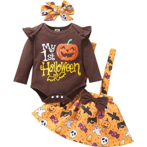 2021 Baby Girl’s Three Piece Suit Cute My First Halloween Print Long Sleeve Romper and Suspender Skirt with Headband 0-18 M