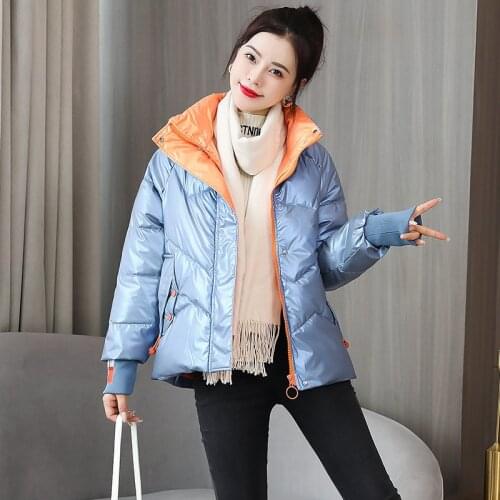 Nice Womens Winter Thick Glossy Down Cotton Jacket Female Casual Stand Collar Short Parkas Outwear Warm Wadded Puffer Coat
