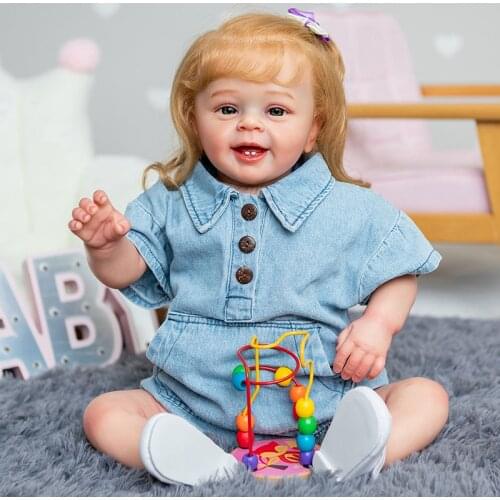 60cm Reborn Toddler Doll Baby Girl Yannik with Rooted Hair Denim Dress Gift for Birthday and Christmas