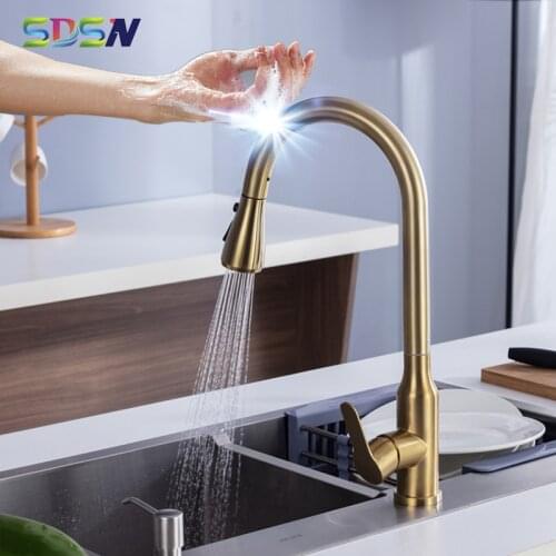 Brushed Gold Kitchen Faucet SDSN Pull Out Kitchen Mixer Tap Handfree Sensor Kitchen Faucet Brushed Chrome Touch Kitchen Faucets