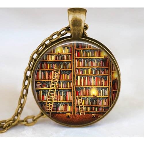 Fashion Valentine Day Gift Library Books Necklace Vintage Book Art Photo Jewelry Glass Pendants Link Chain Gift for Book Lovers