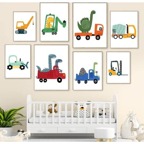 Cartoon Animal Driver Truck Excavator Crane Wall Art Canvas Painting Nordic Posters And Prints Wall Pictures For Boy Room Decor