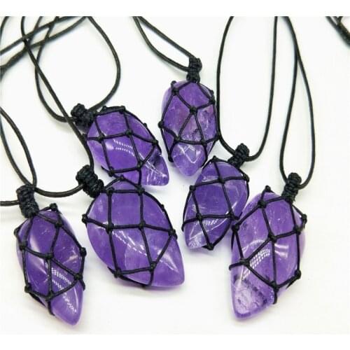 Amethysts Pendant Necklace Handmade Black Hemp Wrapped Crystal Quartz Energy Water Drop Natural Stone pendulum Pendant Jewelry