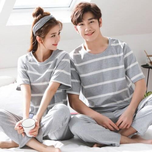 100% Cotton Couple Pajama Sets Short Sleeve Striped Womens Pajamas Set Casual Indoor Clothing Pyjamas Women Summer Style