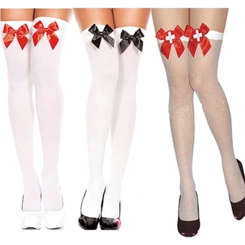Sexy Mesh Stockings Women Cosply Sexy Lace Sheer Stay Up Knee Thigh High Nurse Maid Stockings Fishnet