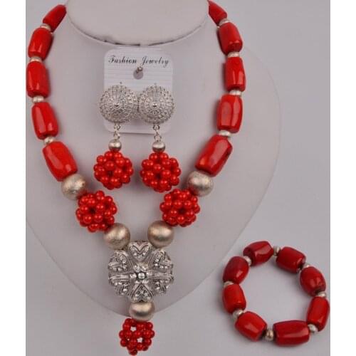 Latest Red Nigerian Coral Beads African Wedding Coral Necklace Bridal Jewelry Sets 12-K-04