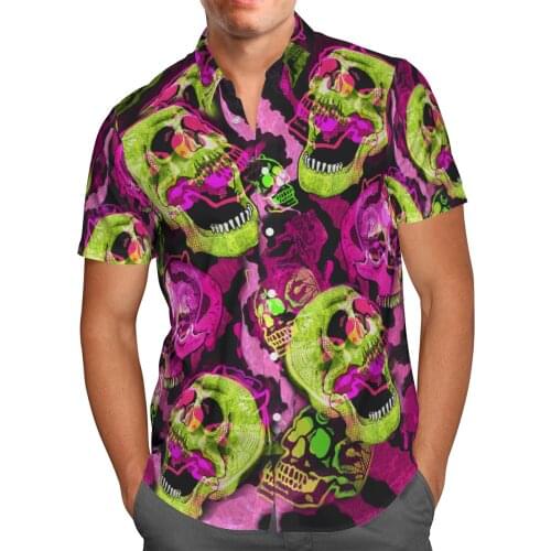 Crazy Skull Print Short Sleeve Shirts For Men Loose Cardigan Button Shirt Plus Size Hawaiian Style Summer 2021 Ventilated Shirt