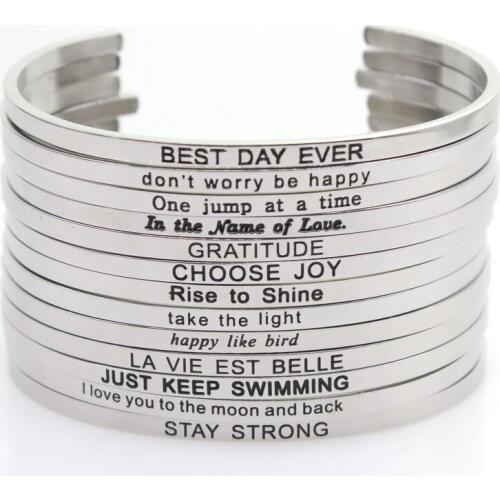 Silver Stainless Steel Random Bangle Engraved Positive Inspirational Quote Handmade Cuff Mantra Bracelets For Women Best Gifts