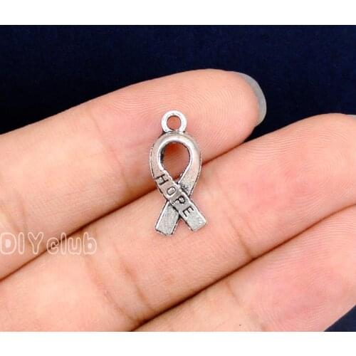 150pcs-Antique Silver Breast Cancer Awareness Ribbon Charms Pendant, Hope Charms 18x8mm