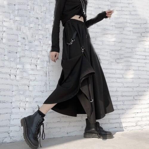 Harajuku Women Solid Skirt Casual Korean Vintage Vogue High Waist Skirts Asymmetrical Punk Metal Lock Long Skirts
