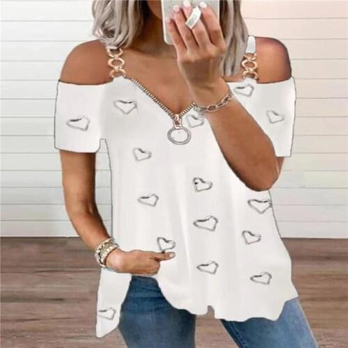Love Heart Printed Women T-shirts Summer Sexy Zipper V Neck Solid Tops Chain Shoulder Straps Off-shoulder Short-sleeved T-shirt