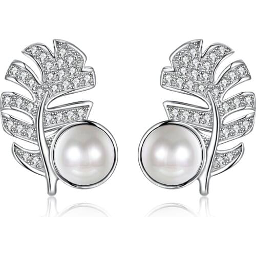 SILVERHOO Pearl Earrings For Women Sterling Silver 925 Leaves Stud Earrings Romantic Anniversary Gift For Girlfriend Hot Sale