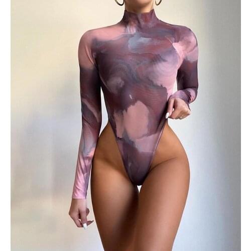 2021 Autumn Winter Women Sexy Tie Dye Printed Long Sleeve Bodysuit Fashion Casual Bodycon Turtleneck Body Tops For Women Female
