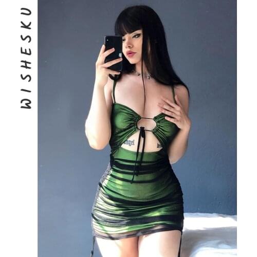 Women Sexy Black Mesh Patchwork Bodycon Mini Dress Spaghetti Strap Cut Out Green Dress Lace Up Ruched Slim Robe 2021 Summer