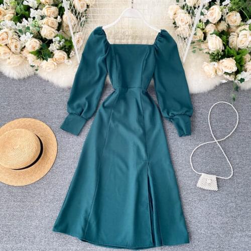 Women Autumn New Split Dress French Retro Square Collar Waist Hugging Slim Puff Sleeve Beading Midi Dress Female Vestidos PL487