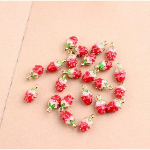 10pcs 13*7MM Fashion DIY enamel gold 3D strawberry charms for bracelet, metal alloy golden fruit pendants dangle jewelry making