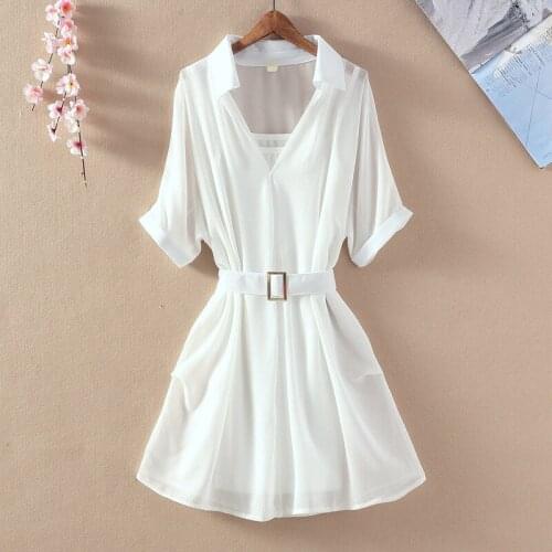 2021 Summer V-Neck Chiffon Women Blouse False 2 Pieces Solid Slim Office Lady Elegant White Shirts With Belt Top Quality