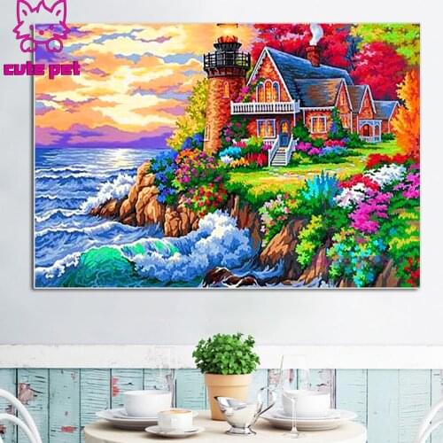 Diamond Painting European retro seaside house scenery DIY cross stitches full square drill Character Gift Embroidery Home Decor