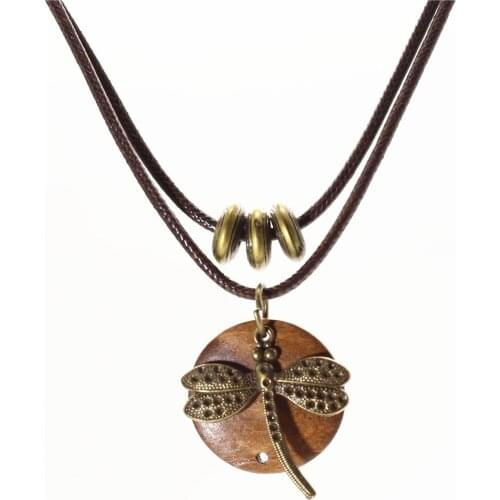 2 Layers Sweater Chain Choker Necklace For Women Round Wood Bronze Star Dragonfly Pendant Jewelry