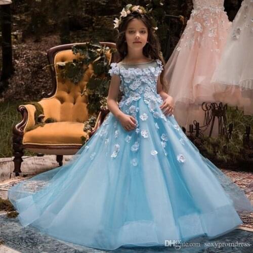 Ice Blue Sheer Neck Flower Girl Dresses For Wedding White Flora Appliques Girls Pageant Gowns Hollow Back Children Birthday Part