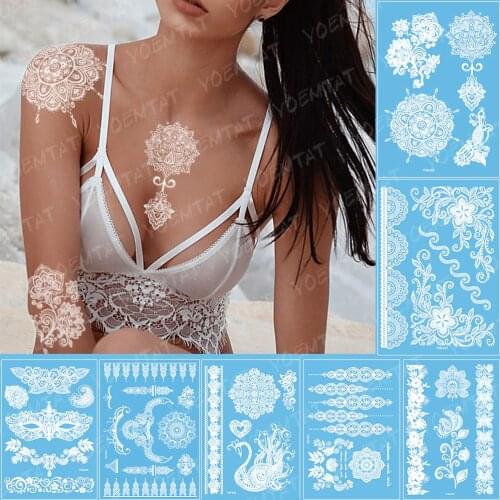 Indian Arabic Designs Temporary Waterproof Tattoo Sticker Lace White Bride Tatto Paste Fake Tatoo Mandala Body Art Hand Choker