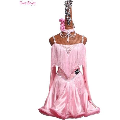 Latin Dance Competition Dress Women Performance Dress Art competition Dress Bare Shoulder Pink Fishbone Curling Dress