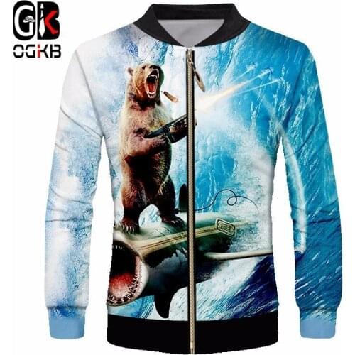 OGKB Unisex Jackets Coat Spring Fall Mens Funny Print Shark Bear 3D Zip Windbreaker Man Bodybuilding Fintess Casual Outwears
