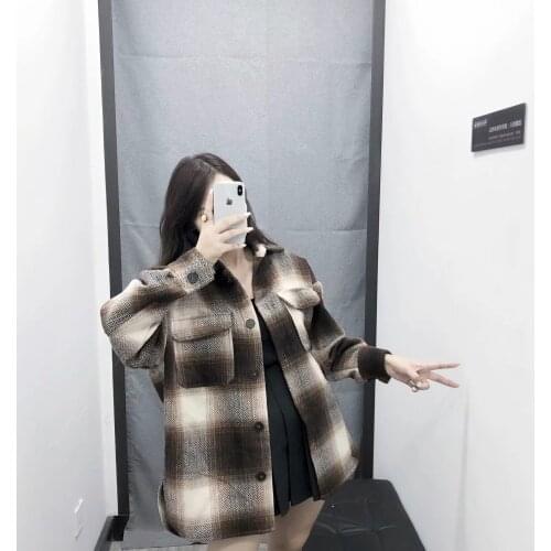 Women 's Clothing Shirt Jacket Cross Border Fashion Euro American Plaid Loose Medium Length Tweed Turn- Down Collar Long Casual