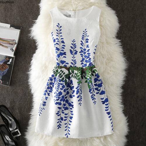 Houthion Womens Dress Printing Sleeveless Dresses Casual Fashion Zipper New Mid Waist Splicing Fast Delivery