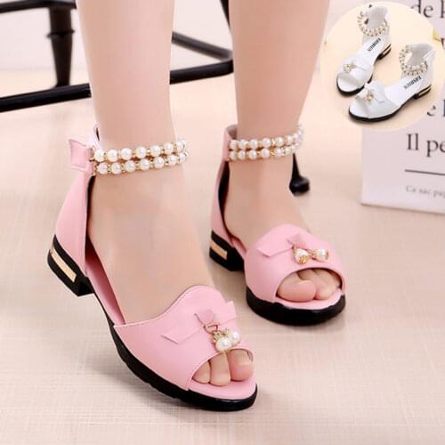 Fashion Bead Bow Kids Sandal For Girl Summer High Heels Sandals For Children Beach Shoe 4 5 6 7 8 9 10 11 12 Year Old Pink White