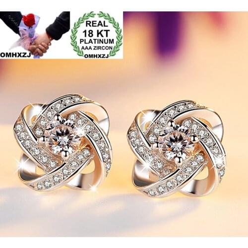 OMHXZJ Wholesale European Fashion Woman Girl Party Wedding Gift Round White AAA Zircon 18KT White Gold Stud Earrings EA232