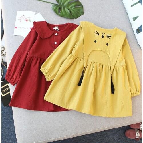 Toddler Dresses Fashion Doll Collar Cat Embroidery Long Sleeve Princess Dress Kids Clothing Autumn Girls Clothes Kids Dresses