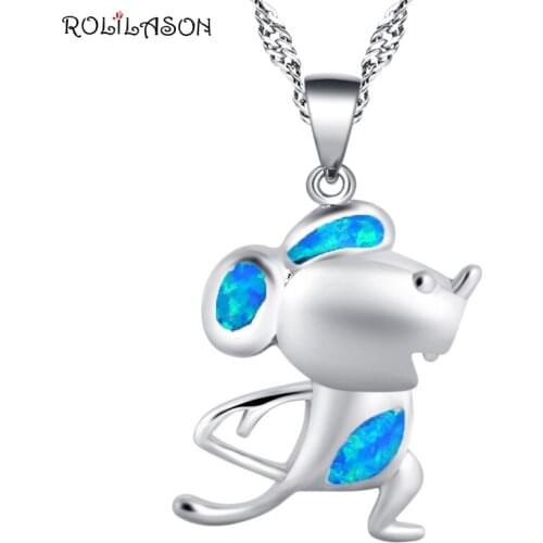 ROLILASON simple mouse shape design silver color blue opal Pendant necklace surprise birthday gift female models OP847