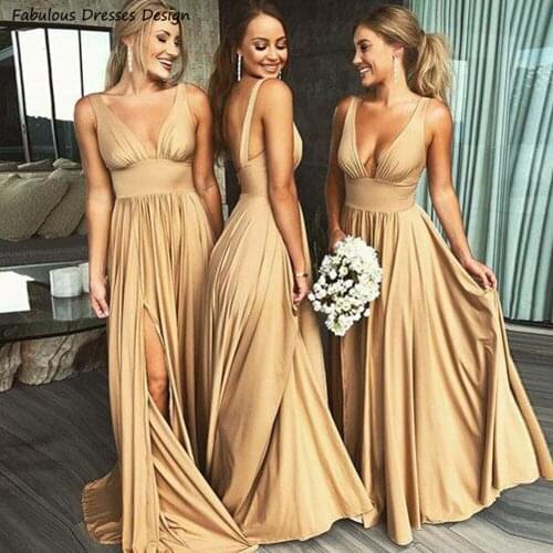 Sexy Deep V-neck Backless Bridesmaid Dresses With Split Long A Line Gold Wedding Party Dress 2021 Maid Of Honor