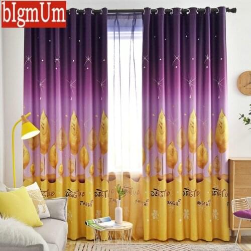 3D Printed Blackout Curtains for LivingRoom Kitchen Kids Golden Leaves Pattern Drapes Purple Blue Rideaux Tende