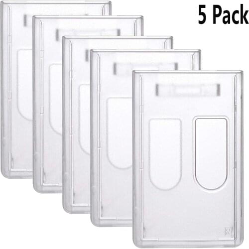 Slim Heavy Duty ID Badge Holders Hard Plastic Clear Polycarbonate Rigid Top Load Vertical Thumb Slide Hole Single ID Card Case