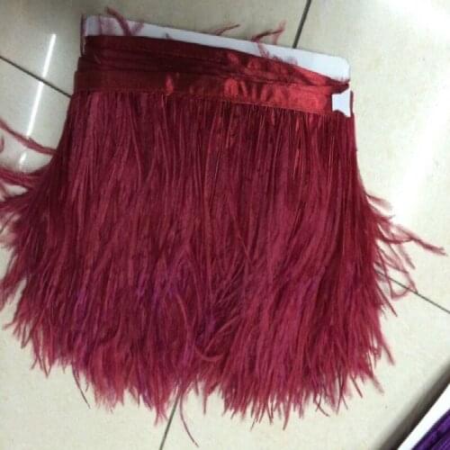 High quality 1yard long dyed Wine red natural ostrich feather trims fringe real ostrich feather trimming with ratin ribbon
