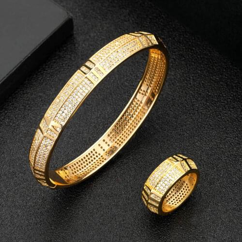 Zlxgirl jewelry full mirco paved zirconia Gold bangle with ring jewelry sets high quality womens size wedding bracelet ring set