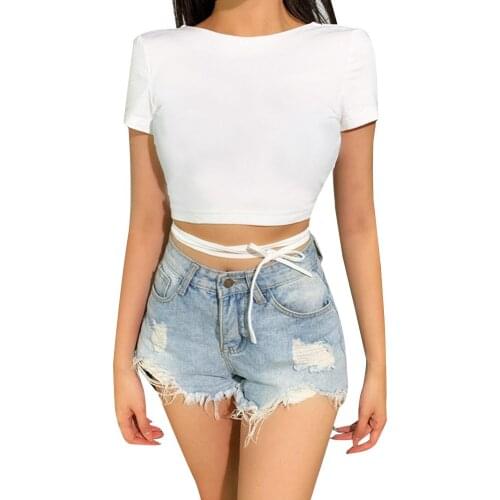 Womens Sexy Tight-fitting Slim Short Top Tie Up Slim Fit Backless Plain Blouse with Bandages