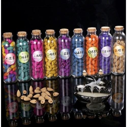 66pcs/Box Glass Bottle Package Natural Smoke Backflow Cones Incense Bullet Back Flow Pagoda Incenses Tower Incense Sandalwood