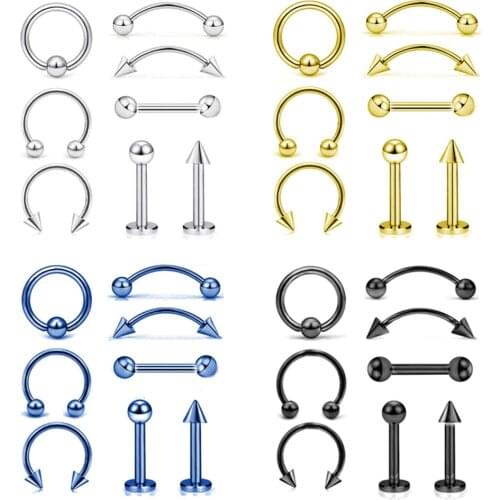 8PCS Lot Bulk Nose Ring Tongue Piercing Bar Eyebrow Labret Piercing Set Horseshoe Surgical Steel Lot Pack Tongue Pircing Jewelry