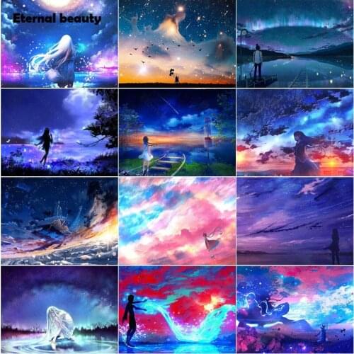 Diamond Painting Cross Stitch Kits Stunning Scenery and Girls Stand In The Colorful Cloud Diamond Mosaic Needlework Home Decor