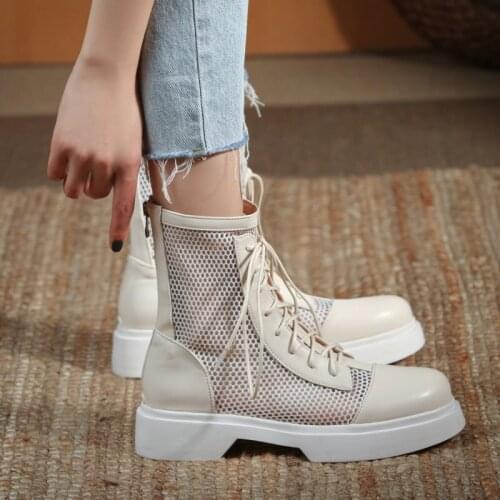 Women Fashion Cross Tied Ankle Boots Summer Breathable Mesh Boots Comfort Low Heel Hollow Short Boots Round Toe Lady Shoes